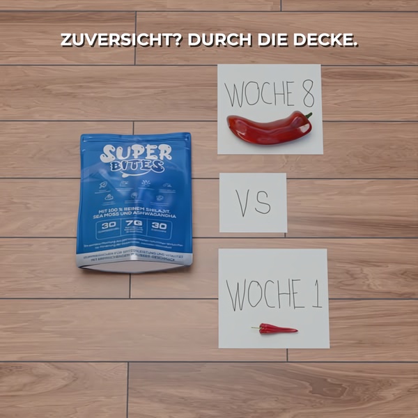 A square-format static ad showing a small chili pepper representing Week 1 and a large chili pepper representing Week 8, positioned next to the product.